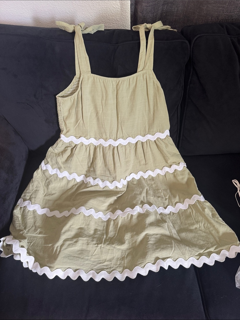 Women’s Olive Green Tiered Sundress with White Trim